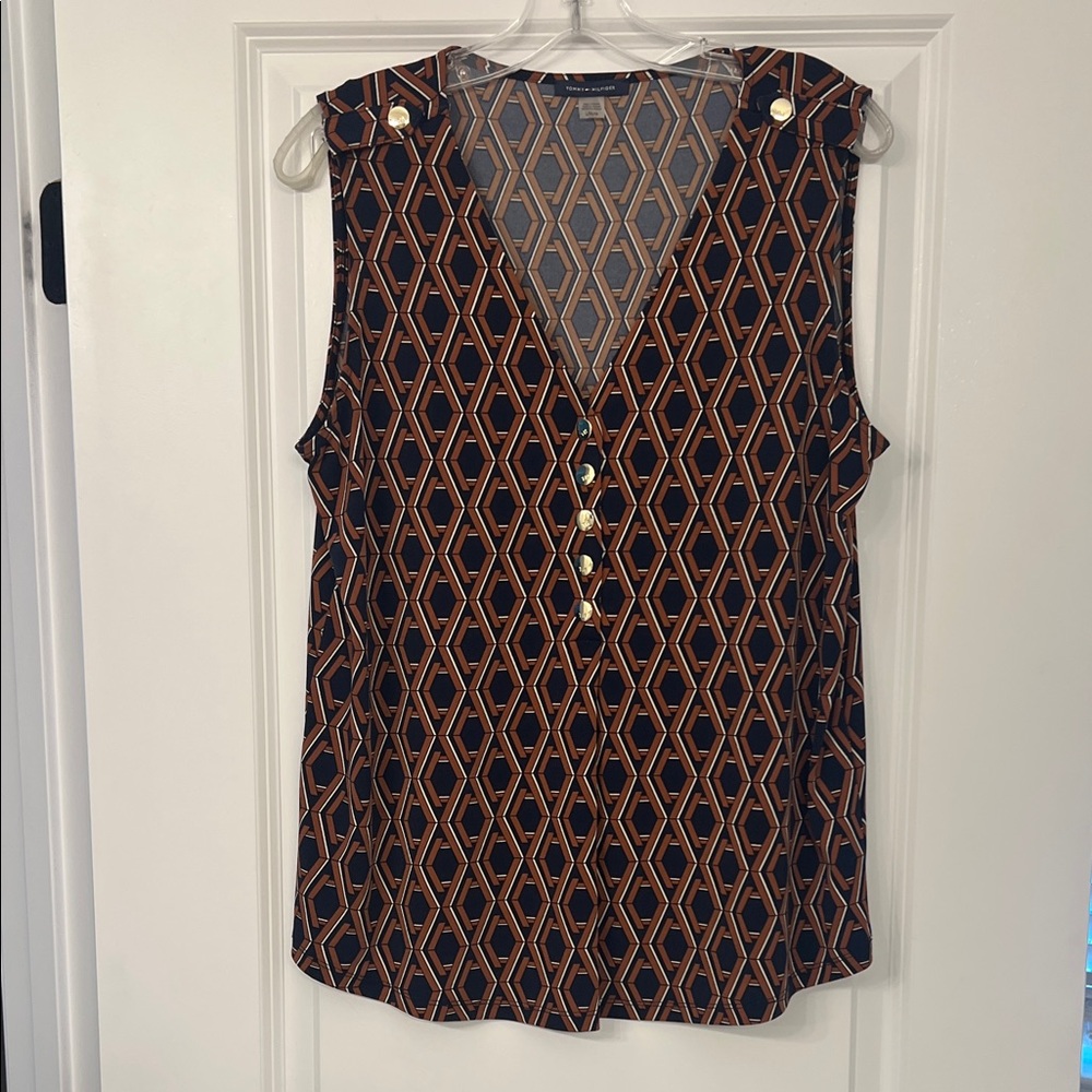 Navy Blue and Brown Sleeveless Blouse